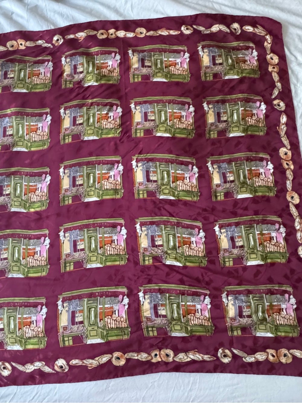 Vintage Nicole Miller Silk Scarf with Italian Bakery & Bread Border Illustration